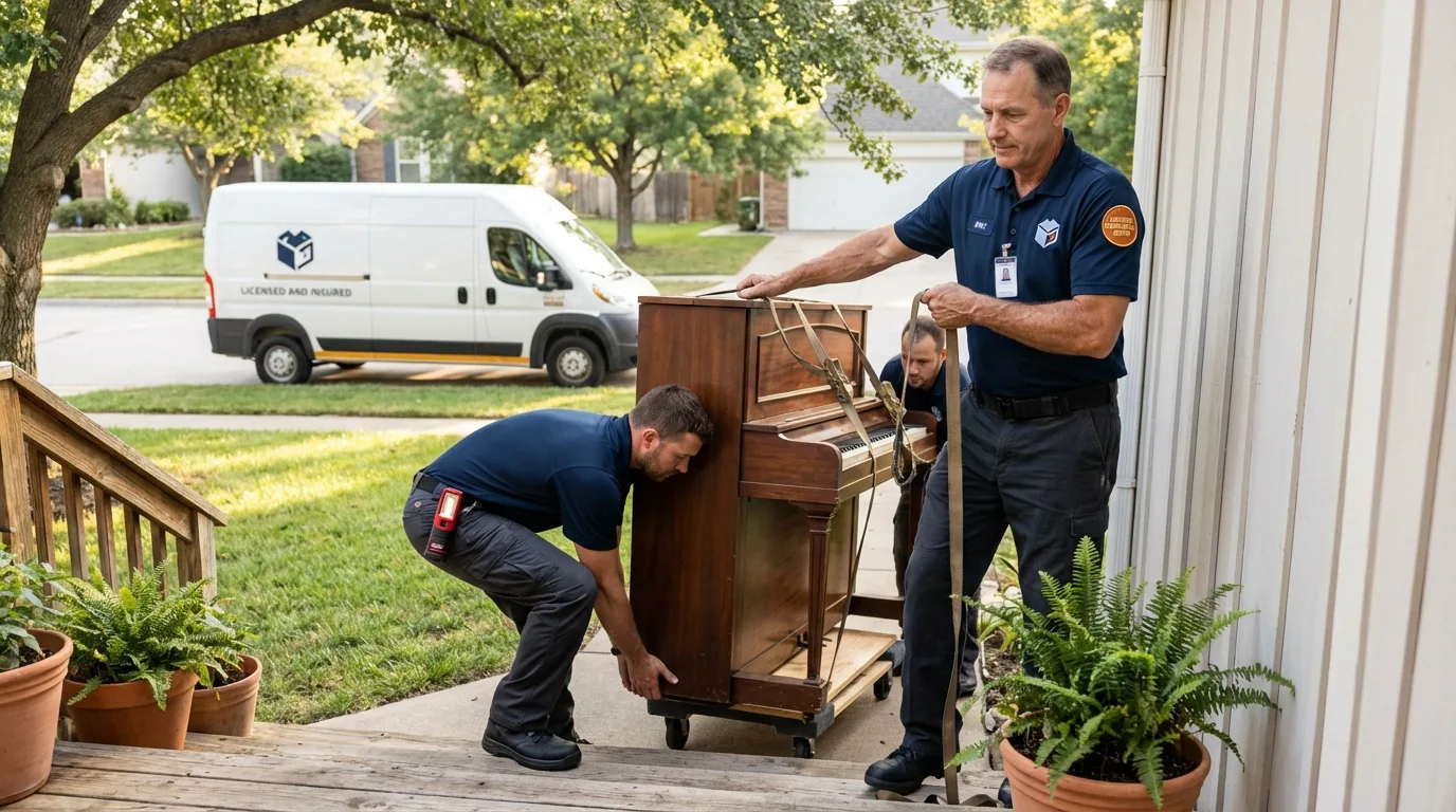 Licensed piano movers securing grand piano in Villas, NJ