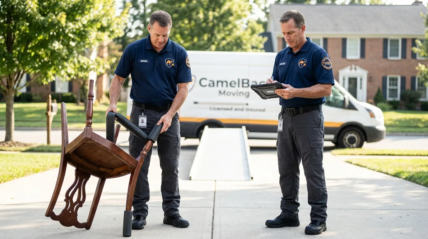Movers inspecting furniture for damage prevention before loading in Villas, NJ