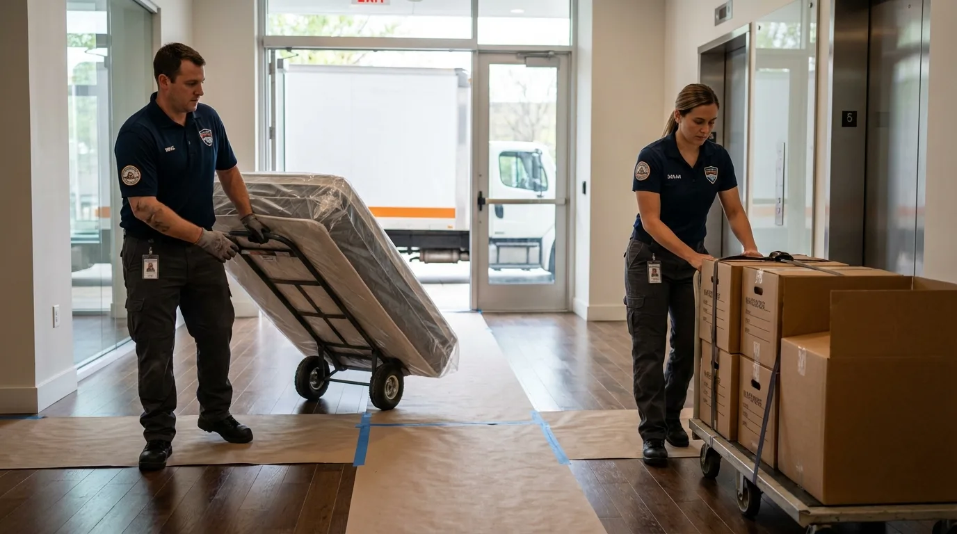 Professional apartment movers loading elevator in Villas, NJ